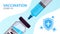 Coronavirus vaccination banner. Covid-19 prevention. Syringe with needle and vaccine bottle. Safety measure during coronavirus.