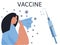 Coronavirus vaccination icon and woman with chinese coronavirus, flu, cold. an Asian girl sneezes and the virus spreads through