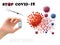 Coronavirus vaccine background. Hand holding bottle with vaccine destroying virus COVID - 19 molecule. Stop Coranavirus concept.