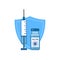 .Coronavirus vaccine COVID-19, vector illustration. Medication, syringe and shield. Vaccination flat icon. Blue color