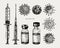 Coronavirus vaccine vector set. Hand sketched concept of Covid-19 corona virus vaccination with vaccine bottle, syringe injection