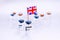 Coronavirus vaccine vials with the UK flag to cure Covid-19