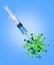 Coronavirus virus with an injection syringe. Vaccination creative concept. 3D Rendering illustration