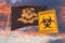 Coronavirus warning sign on the fence against flag of Connecticut. Quarantine related 3D rendering