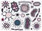 Coronovirus infection COVID-19,microbe hand drawn set. 20th century pandemic,transmitted by airborne droplets