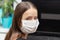 Coronovirus Prevention. Young woman in antibacterial mask at work in the office