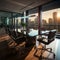 Corporate boardroom features black table, brown chairs, and modern technology