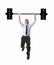 Corporate composite of young attractive businessman power lifting heavy weights taxes and bills