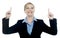 Corporate lady pointing upwards with both hands