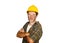 Corporate portrait of construction worker - attractive and happy builder man in safety helmet smiling confident as successful