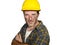 Corporate portrait of construction worker - attractive and happy builder man in safety helmet smiling confident as successful