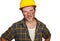 Corporate portrait of construction worker - attractive and happy builder man in safety helmet smiling confident as successful