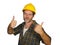 Corporate portrait of construction worker - attractive and happy builder man in safety helmet smiling confident posing relaxed as
