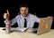 Corporate portrait happy successful businessman smiling at office desk working with laptop computer