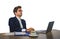 Corporate portrait of young attractive and efficient business man working at office laptop computer desk confident in elegant suit