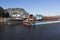 Corporate work boat Swan passes through the bridge divorced Ilinskiy on Belozersky bypass canal in city of Belozersk