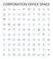 Corporation office space outline icons collection. Corporate, Office, Space, Facility, Rent, Lease, Room vector