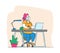 Corpulent Woman Sitting at Office Desk Working on Laptop and Speaking by Smartphone. Cheerful Plus Size Female Character