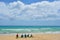 Corralejo beaches. Surfers sitting on the coast. Fuerteventura.