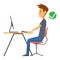 Correct body alignment in sitting working with computer. Wrong posture cause office syndrome and back pain. Vector