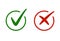Correct, incorrect sign. Right and wrong mark icon set. Green tick and red cross flat simbol. Check ok, YES, no, X marks for vote