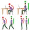 Correct and uncorrect bad sitting and walking position. Walking man. Sitting man. Back pain feeling and spinal injuries.