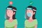 Correct and wrong way to using protective full antivirus medical face shield info graphic concept, woman wearing surgical mask