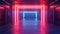 Corridor bathed in pink and blue neon lights, showcasing a cyberpunk aesthetic with a futuristic feel.