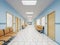 Corridor in the clinic with waiting areas for patients with an office for a doctor in white and blue with orange chairs