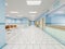 Corridor in the clinic with waiting areas for patients with an office for a doctor in white and blue with orange chairs