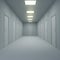 Corridor with closed doors and lighting. 3d illustration.