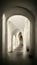 Corridor with columns. Abstract 3D-illustration illusion of natural stone, grass. Art gallery.