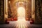 corridor with gifts on the sides inside a Christmas decorated house, with two Christmas trees in the background and with an open