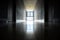 Corridor in an office building with daylight through the windows.  Corridor with black doors  and reflections on the ground  Yello