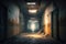 Corridor in old building, scary dark hallway in abandoned hotel, generative AI