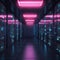 Corridor with series of modern computer server room with pink neon lights. Data technology center in futuristic