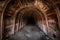 Corridor of underground tunnel abandoned coal mine. Entrance to darkness