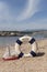 Corsica beach landscape with life buoy and boat