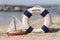 Corsica beach landscape with life buoy and boat