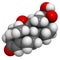 Cortisone stress hormone molecule. Atoms are represented as spheres with conventional color coding: hydrogen (white), carbon (grey