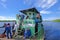 CORUMBA, MATO GROSSO, BRAZIL, JULY 22, 2018: Passenger on cattle pontoon boat on Rio Paraguay, Corumba, Pantanal, Brazil