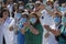 A Coruna-Spain.Healthcare workers dealing with the new coronavirus crisis applaud in return as they are cheered on by Civil Guard