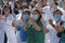 A Coruna-Spain.Healthcare workers dealing with the new coronavirus crisis applaud in return as they are cheered on by Civil Guard