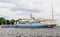 Corvette `thundering` in Neva river preparing to the parade dedicated to Navy Day. It`s celebrated in the last Sunday of