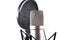 Cose up of vocal recording set including microphone and pop filter on white background