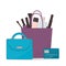 Cosmetic accessories and perfume in shopping bag, purse and credit card on white. Purchases for fashionable girl, beauty blogger