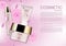 Cosmetic ads template, Cosmetic product and pink camellia on pin