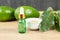 Cosmetic avocado oil in dropper bottle, mock up. Glass bottle. Avocado and olive oil mock up.