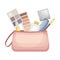 Cosmetic bag full of typical woman things and accessories as eyeshadow, blush, lipstick, cream, comb, pencil, mirror