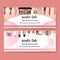 Cosmetic banner design with eyeshadow, lip gloss, highlighter illustration watercolor